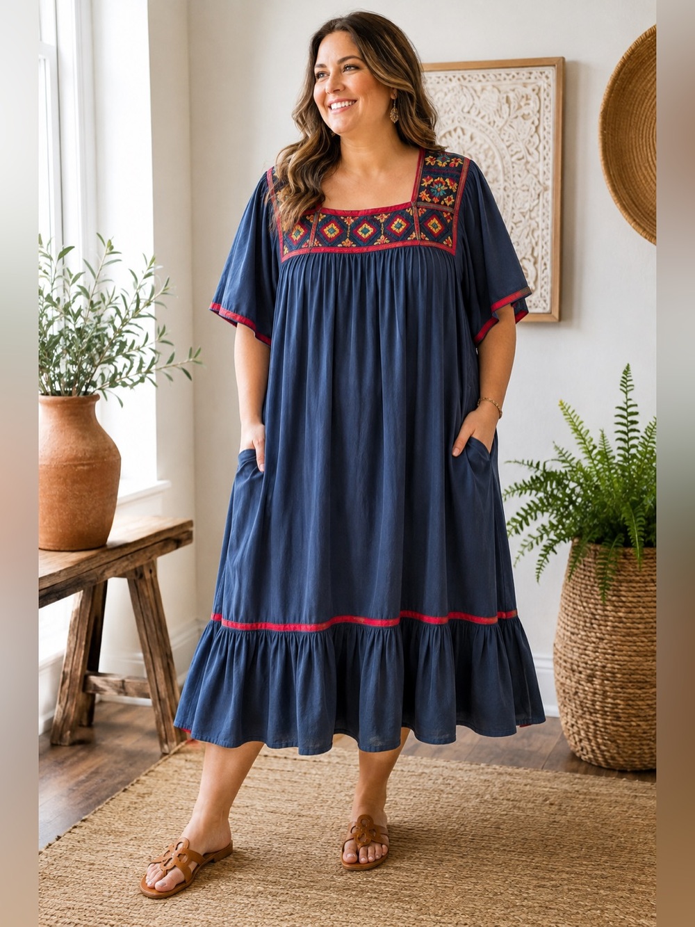Go Softly Patio XL Kaftan MuMu Lounge Embroidered Floral Midi Dress Cottagecore